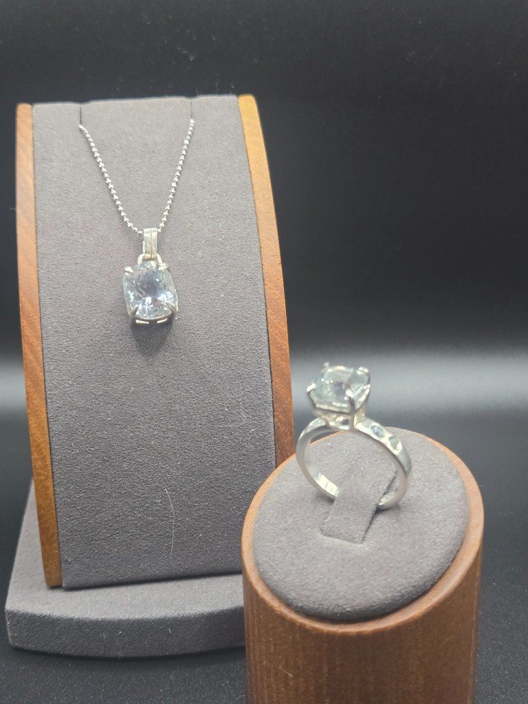 Sterling Silver Pendant set with 6.24ct Aquamarine and Ring set with 3.2ct Santa Maria Aquamarine